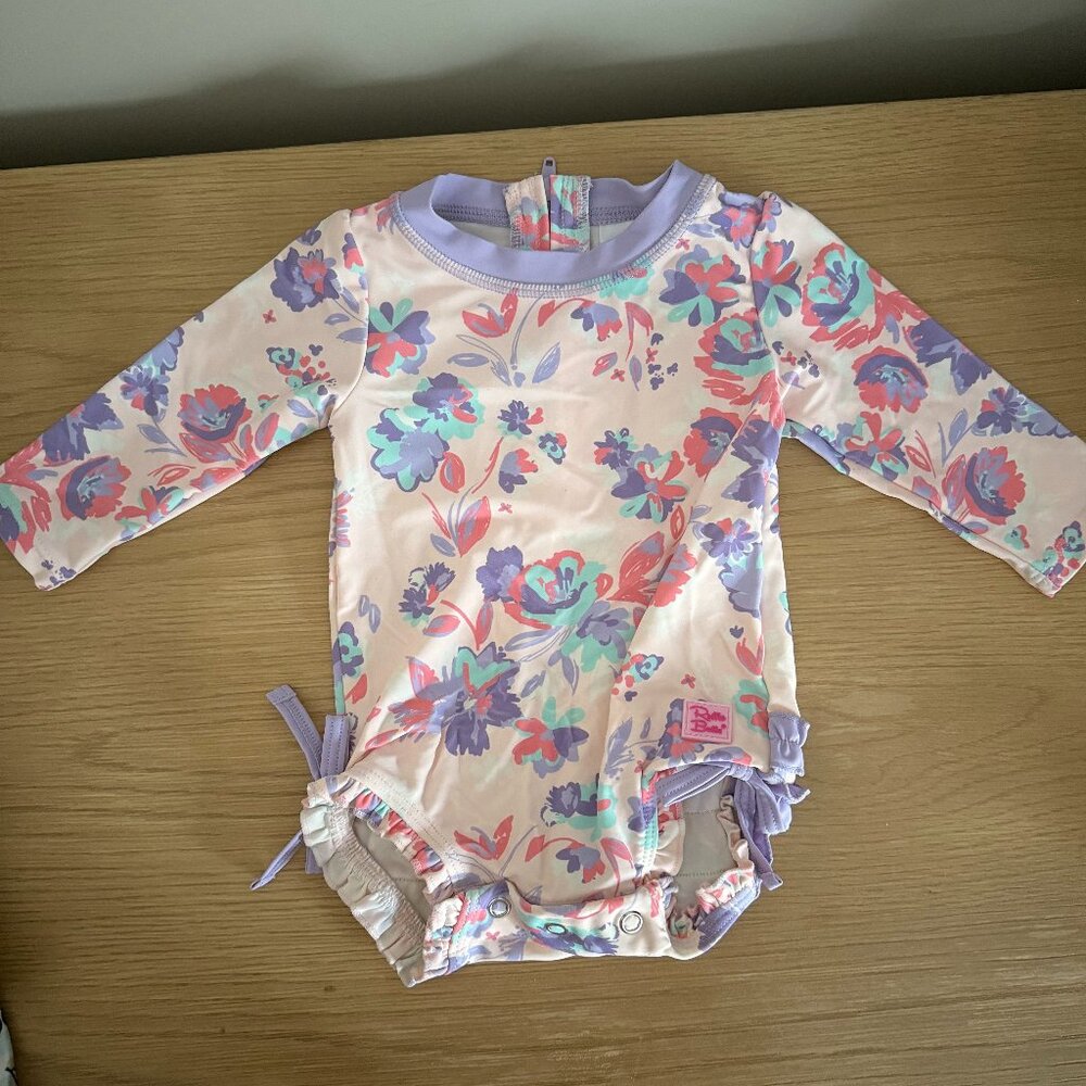RuffleButts Long Sleeve One Piece Rash Guard - Princess Meadow - Size 3-6 Months